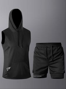 Two-Piece Set Men's Solid Raglan Sleeve Hooded Tank Top & Shorts Set, Casual Quick Drying Breathable Sleeveless Top & Shorts, Men's Summer Clothes for Gym Workout Running