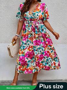 【Plus Size】 Floral Print V Neck Tropical Dress, Boho Casual Dress for Beach Vacation Holiday, Tropical Women's Clothes for Summer, Bohemian Womenswear, Plus Size Dresses, Plus Size Tummy Flattering Dresses, Floral Pattern Dress