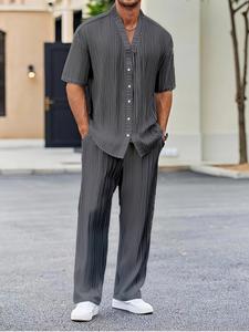 Two-piece Set Men's Textured Short Sleeve Set, Regular Fit Casual Comfy Shortsleeve V Neck Top & Pants Set, Men Summer Clothing Set for Summer, Menswear, Summer Outfit Set, Vintage Set