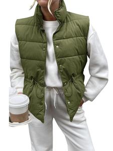 Women's Solid Button Front Drawstring Waistcoat, Casual Stand Collar Gilet Outerwear for Fall & Winter, Women's Clothing for Daily Wear