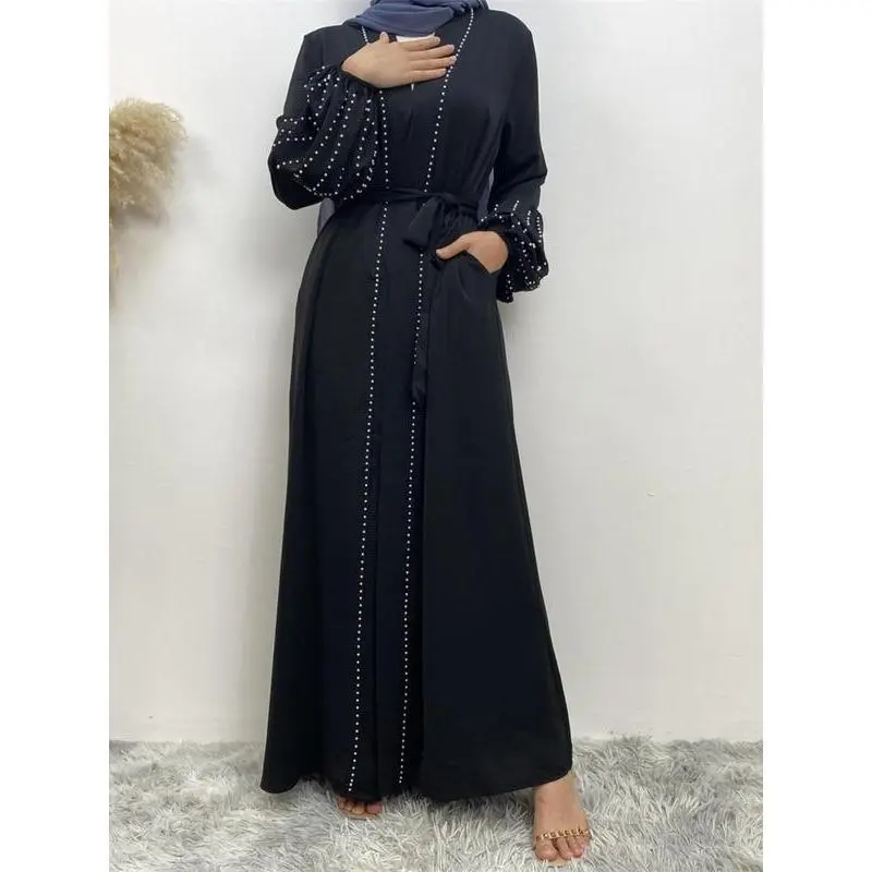 Women's Faux Pearls Decor Tie Front Abaya Without Hijab, Modest Long Sleeve Maxi Abaya, Summer Outfits 2024, Muslim Clothes For Women 0