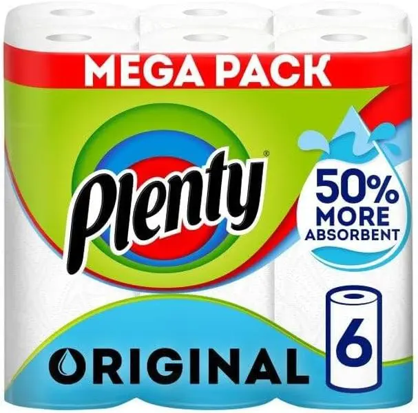 PLENTY Kitchen Towel, 6 White Rolls, 600 Sheets of Kitchen Roll, 2-Ply Tissue 0