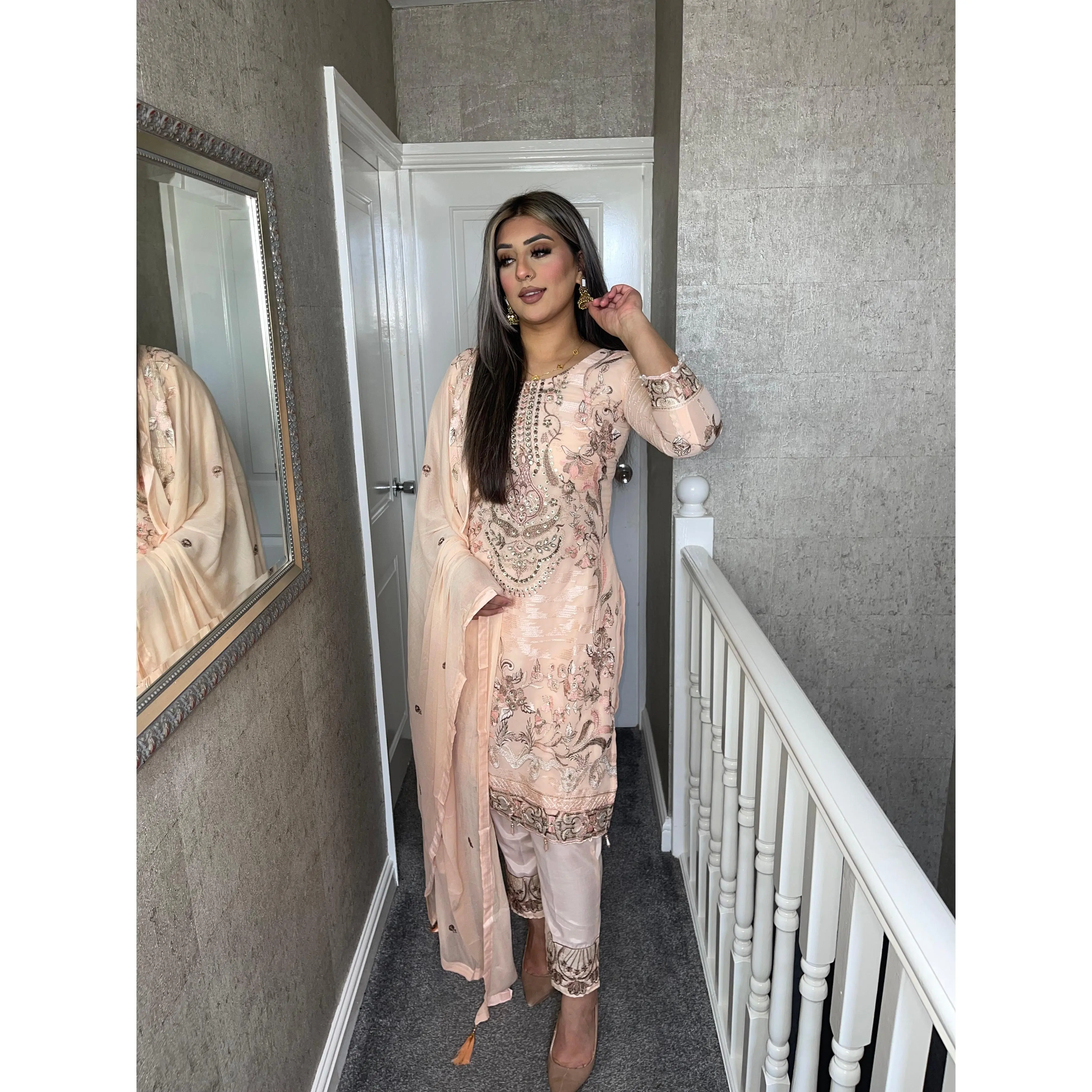 3PC PEACH Embroidered Shalwar Kameez with Net duppatta fully stitched 3 piece suit F-C1264C
