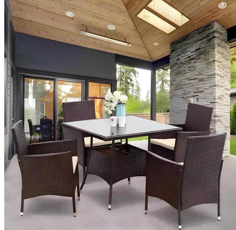 Brown Rattan Patio Dining Set for 4 with Glass Top 5
