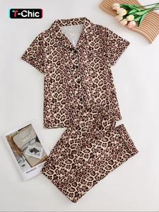 Two-piece Set Women's All Over Print Button Front Pajama, Pyjamas for Women, Casual Comfy Short Sleeve Collared Top & Long Pants Set, Ladies Sleepwear for All Seasons, Pyjamas for Women, Leopard Print Set, Casual Loungewear Set, Leopard Print Pajamas