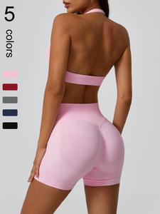 Two-Piece Set Women's Solid Color Seamless Sportswear Set for Yoga Gym Workout Running, Ladies Summer Sportswear