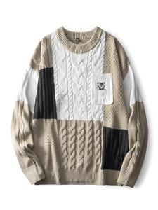 Men's Patchwork Print Embroidery Sweaters, Stylish Pocket Oversized Jumper, Men Knitwear Drippy Outfits for Fall Winter, Valentine's Day Gift, Men Sweaters, Menswear