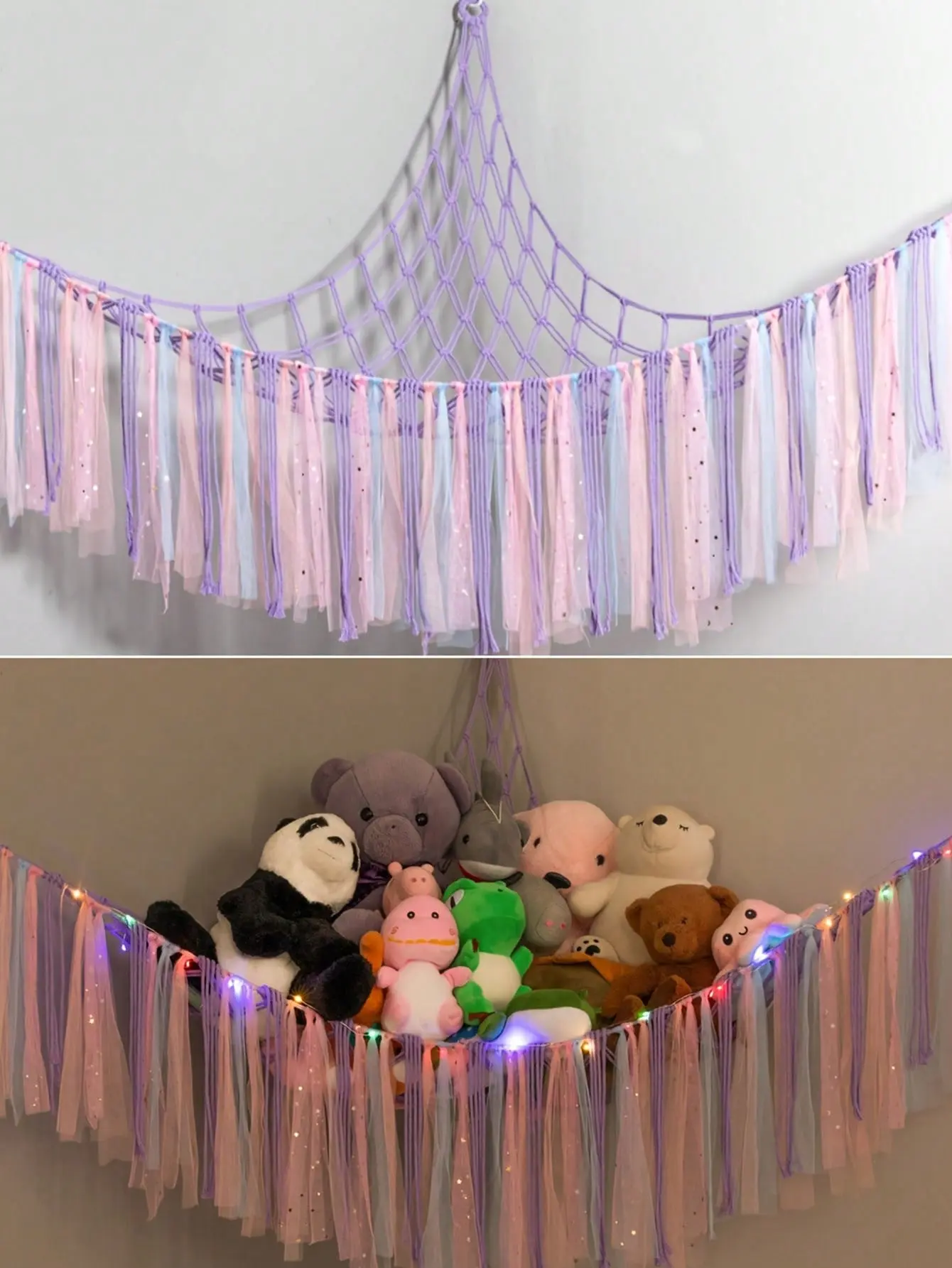 1pc Boho Stuffed Animal Toy Hammock Macrame Large Corner Mesh Toy Storage Hanging Wall Toys Organizer With Light For Bedroom Decor(Without String Lights) 39.4" X 39.4" X 59"