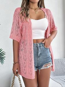 Women's Plain Hollow Out Sheer Crochet Cardigan, Cute Fitted Chic Half Sleeve Knitwear for Summer, Fashion Women's Clothing for Daily Wear, Knitting Womenswear, Casual Chic Jumper Cardiga, Relaxed Fit Cardigan, Lady Knitted Cardigan Tops