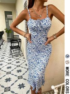 Women's Ditsy Floral Print Tie Front Cami Dress, Adjustable Strap Mermaid Dress for Summer, Fashion Ladies Dress for Beach Holiday, Floral Pattern Dress