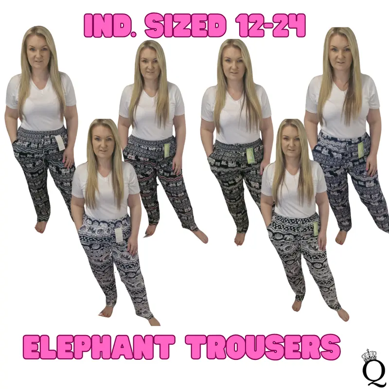 QTL - Elephant Print Trousers (Sized) 12-24 Hemmed bottom , 28 inch inside leg, cute , summer , soft , lightweigh , elasticated waistband Casual Comfort Comfortable Lightweight Pants Style Womenswear Fit 1