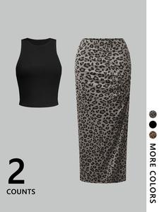 Two-piece Set Women's Leopard Print Crop Tank Top & Skirt, Casual Fashion Cozy for Daily Outdoor Wear, Ladies Clothes for Summer, Suits, Womenswear, Outfit Sets Women, Casual Loungewear Set