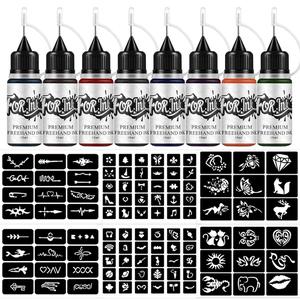 DIY Temporary Tattoo Makeup Kit, 8 Bottles Color Temporary DIY Ink & 102pcs Stencils Kit for Body Paint Fake Tattoos for Men & Women, Christmas Gift, Stocking Fillers
