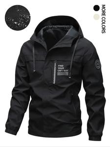 Men's Letter Print Patched Detail Drawstring Hooded Jacket, Loose Casual Long Sleeve Pocket Zip Up Outerwear for Spring & Fall, Fashion Men's Clothes for Daily Wear