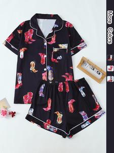Women's Cowboy Boots and Cowboy Hat Print Short Sleeve Pajama Two-Piece Set, Casual Comfy Button Front Chest Pocket Design Lapel Neck Top & Elastic Waist Shorts PJ Set, Ladies Sleepwear