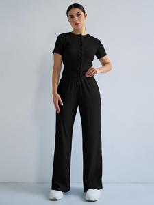 Women's Minimalist Solid Color Button-Up Short Sleeve Slim Top & Wide Leg Trousers Co-ord