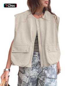 Women's Solid Button Pocket Vest Jacket, Casual Zip Up Round Neck Sleeveless Outerwear for Summer, Ladies Clothes for Daily Wear