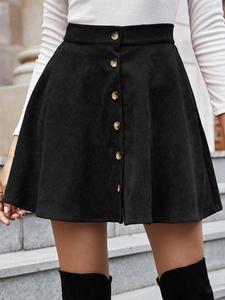 Women's Plain Button Front Flared Corduroy Skirt, Casual High Waist Short Skirt for Daily Wear, Ladies Bottoms for All Seasons