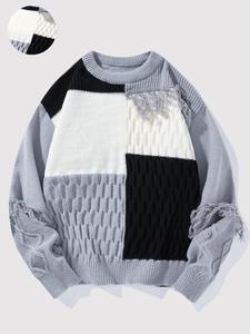 Men's Colorblock Drop Shoulder Crew Neck Textured Sweater, Regular Fit Casual Long Sleeve Round Neck Jumper for Fall & Winter, Fashion Men's Knitwear for Daily Wear