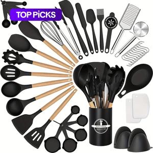 Silicone Cookware Set, 43pcs Non-stick Wooden Handle Kitchenware with Storage Bucket, High Temperature Resistant and Easy To Clean Spatula & Spoon Utensils Set for Kitchen Cooking #TOP PICKS