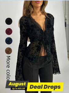 Women's Plain V Neck Floral Long Sleeve Flare Top, Casual Chic Elegant Fashion Casual Bell Sleeve Vneck Top for Daily Outdoor Wear, Women Clothing for Spring Fall, Longsleeves Womenswear