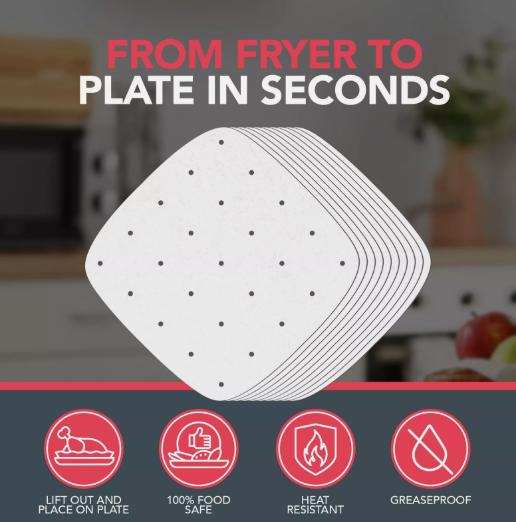 100 Perforated Air Fryer Liners 26cm | Square Disposable Parchment Baking Paper 4