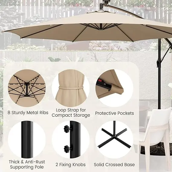 COSTWAY 3M Cantilever Garden Parasol with Solar-Powered LED Lights, Offset Banana Umbrella with Tilted Design, Crank Handle & Cross Base, Outdoor Hanging Sun Shade for Patio Market 2