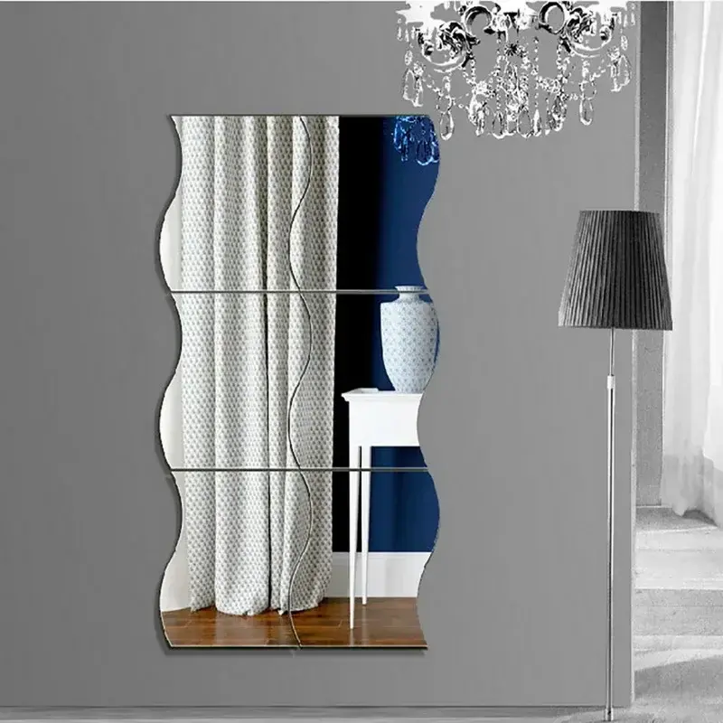 6 Pieces of Wave Combination Mirror Three-dimensional Wall Sticker 3D Mirror Mural Modern  Living Room Bedroom Decoration