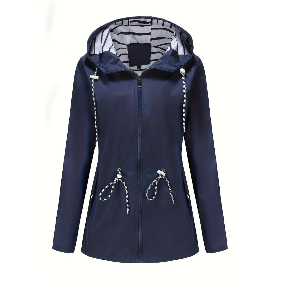 [Cozy Comfort] Women's Waterproof Long Sleeve Hooded Raincoat - Mid-Length Casual Sporty Style with Adjustable Drawstrings, Pockets, and Belt Detail - Olive Green Polyester Jacket for Outdoor Activities