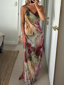 Women's Floral Print Halter Neck Dress, Elegant Boho Sleeveless Spaghetti Strap A Line Dress for Party Holiday Wedding Guest, Bohemian Ladies Summer Clothes, Floral Formal Womenswear, Wedding Dress Prom