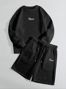 Men's Letter Print Sweatshirt & Shorts Set, Casual Long Sleeve Pullover & Shorts, Two-piece Outfits for Summer Outdoor Sports