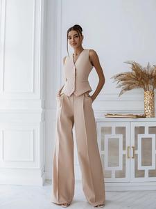 Women's Solid Color Vest Blazer & Wide Leg Pants Two-piece Set Suits, Casual Fashion Two-piece Outfits for Work Office Business, Ladies Clothes for All Seasons