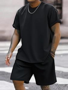 Two-Piece Set Men's Solid Layered Sleeve Tee & Shorts Set, Casual Round Neck T-shirt & Track Shorts, Summer Clothes Set for Men