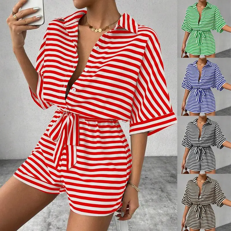Women's Striped Print Romper, Casual BeltedRomper for Summer, Fashion Women's Clothesfor Daily Wear Comfortable Fit Womenswear Elegance 0