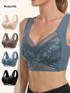 Women's Contrast Floral Lace Wireless Bra, Contrast Mesh Push Up Bra, Soft Comfortable Breathable Lingerie for All Seasons, Womenswear