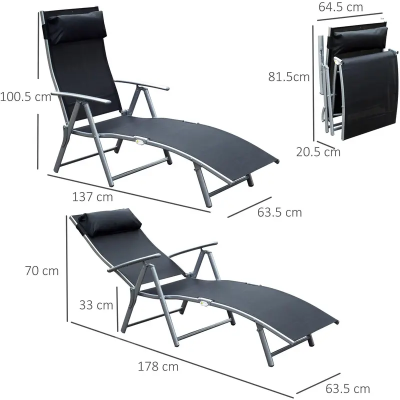 Black Folding Reclining Garden Sun Lounger With Arms and Pillow for Outdoor Relaxation 1