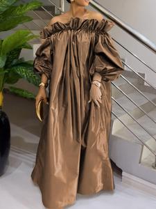 Women's Off Shoulder Ruffle Trim Long Dress, Elegant Bishop Sleeve Long Sleeve Dress for Party Holiday Wedding Guest, Ladies Spring & Fall Clothes