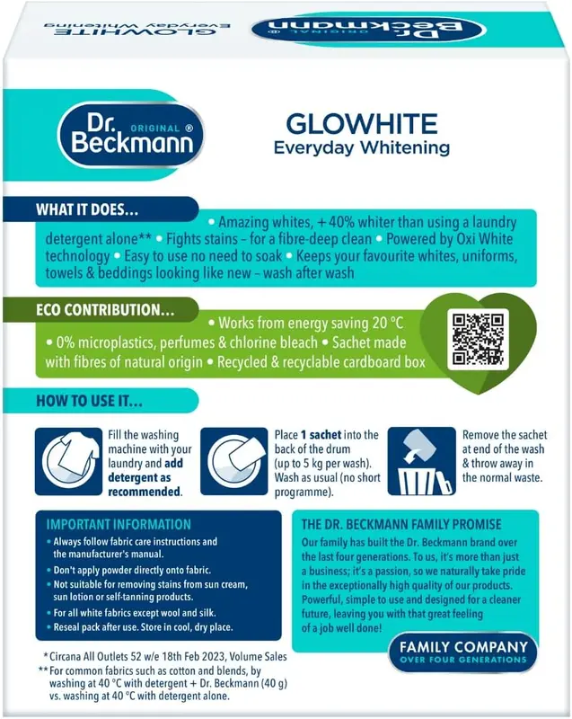 Dr. Beckmann Glowhite | maintains brighter white laundry | 5 In-Wash Sachets 1
