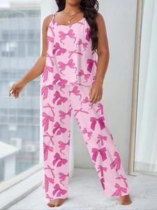 【Plus Size】 Bow Print Cami Top & Pants Pyjama Set, Casual Comfortable Loungewear Set for Women, Women's Sleepwear for All Seasons, Homewear, Womenswear, Summer Loungewear