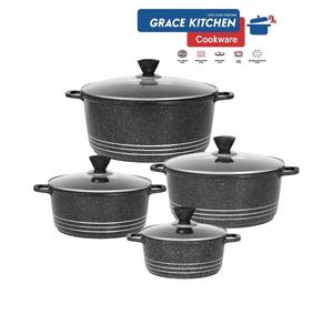 GRACE Die Cast Marble Stockpot Set -Aluminium Non Stick Coating Cooking  -Induction Stock  with Tempered Glass Lid with Steam Vent  Cookware Sturdy Handles Kitchen Pasta quality pot
