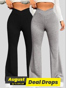 Women's Plain Wrap High Waist Flare Leg Pants, Casual Comfy Bell Bottom Trousers for Daily Wear, Ladies Chic Bottoms for Summer, Everyday