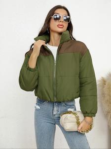 Women's Colorblock Zip Up Pocket Design Winter Coat, Casual Long Sleeve Crop Outerwear for Fall & Winter, Women's Clothing for Daily Wear