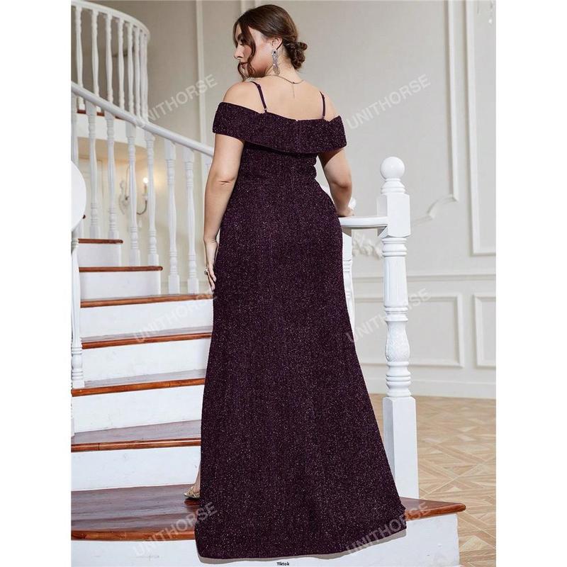 Sequin Thigh Split Shoulder Plus Cold Formal Dress 1