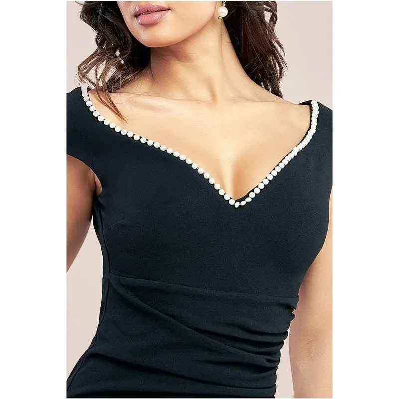 Goddiva Pearl Detail Scuba Crepe Maxi Dress - Black 2