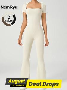 Women's Square Neck Jumpsuits One-Piece Suit Short Sleeve Gym Clothes Push Up Workout Tracksuit Fitness Bodysuit Sportswear ﻿, Sporty Comfy Jumpsuit