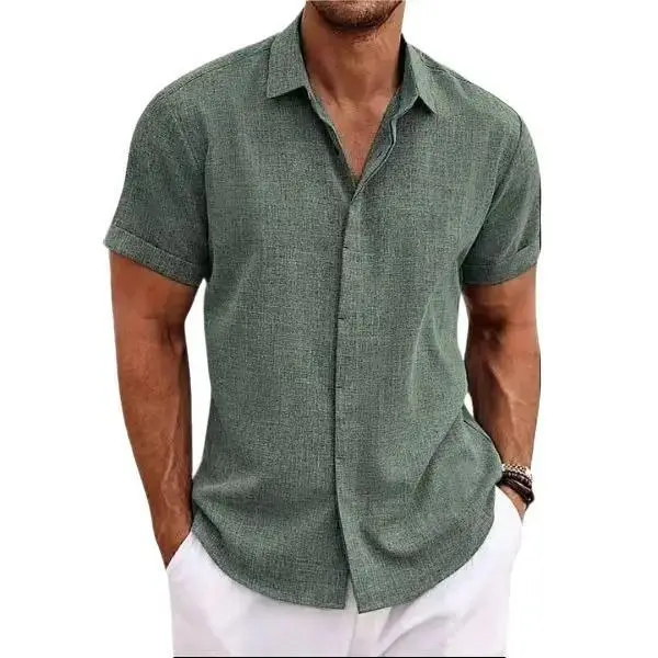 Men's Linen Shirts Short Sleeve Casual Shirts Button Down Shirt for Men Beach Summer Wedding Shirt Menswear Tops 2