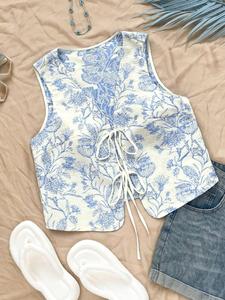 Women's All Over Print Tie Front Crop Tank Top, Boho Sleeveless Top for Beach Vacation Holiday, Ladies Clothes for All Seasons, Womenswear