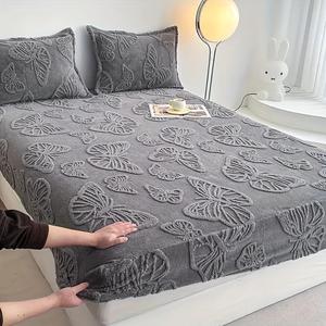 Butterfly Embossed Fitted Sheet Set, 3 Counts/set Including 1 Count Fitted Sheet & 2 Counts Pillowcase without Filler, Soft Comfy Bedding Set for Bedroom Dormitory