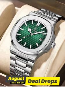 Men's Business Fashion Square Dial Quartz Watch, Stainless Steel Strap Luminous Analog Watch with Date & Week Display Function, Gift for Men