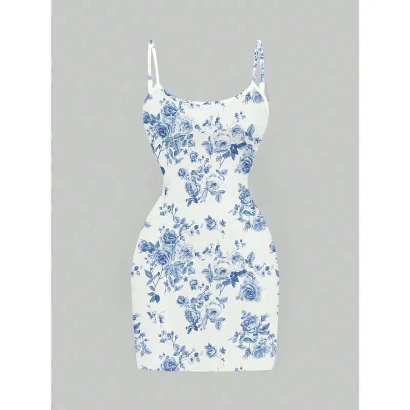 MOD Casual Minimalist All-Over Blue And White Floral Print Sleeveless Women Mini Dress,Vacation Outfits Woman,Boho,Cruise Outfits Women Sexy,Hawaiian Clothes For Women,Country Outfits Women,Summer Dress,Pastel Dresses For Women 0